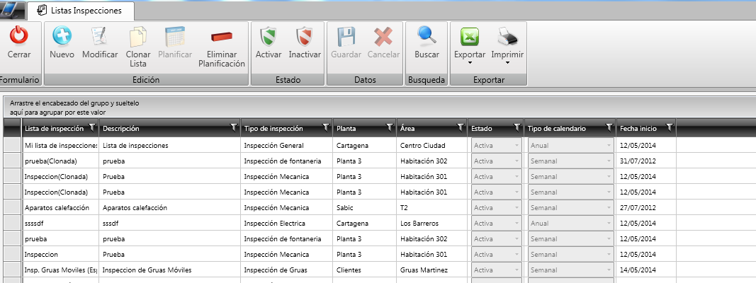 Captura de Exides Inspecciones, listado de inspecciones
