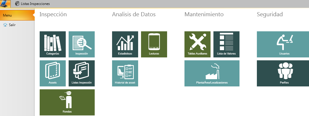 Captura de Exides Inspecciones, menú de inspecciones